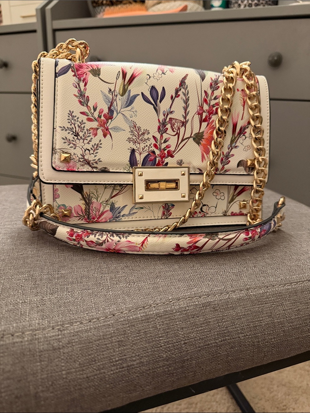 ALDO Floral Botanical Crossbody Bag White Gold Chain Studded